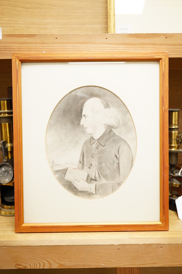 English School, 18th/19th century, A half length profile of a gentleman, oval watercolour and pencil, 20 x 16cm